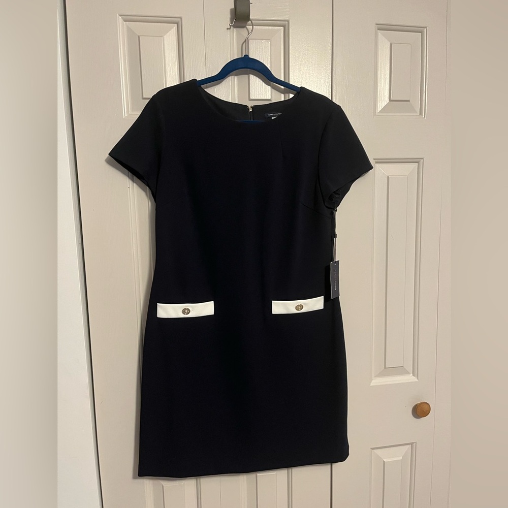 Tommy Helfiger LBD with white accents.